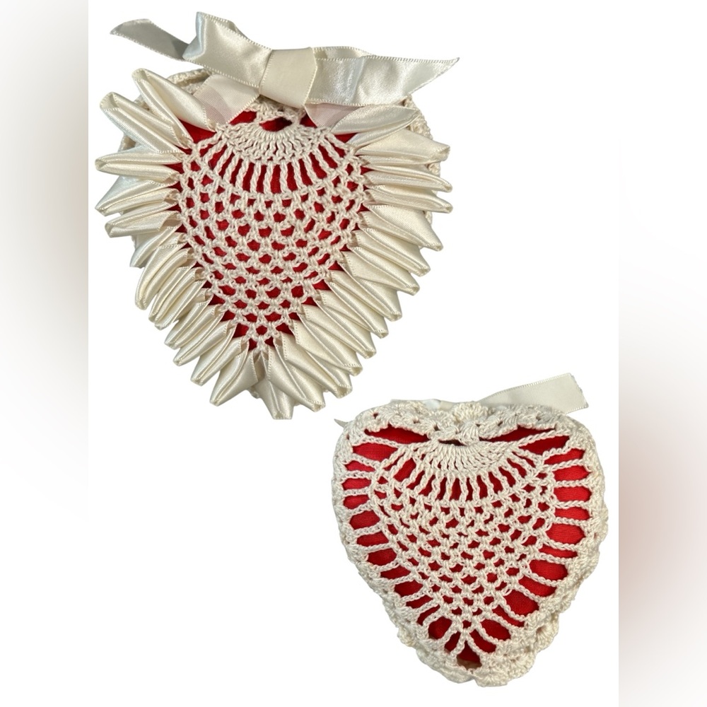 Vintage Cream and Red crocheted heart